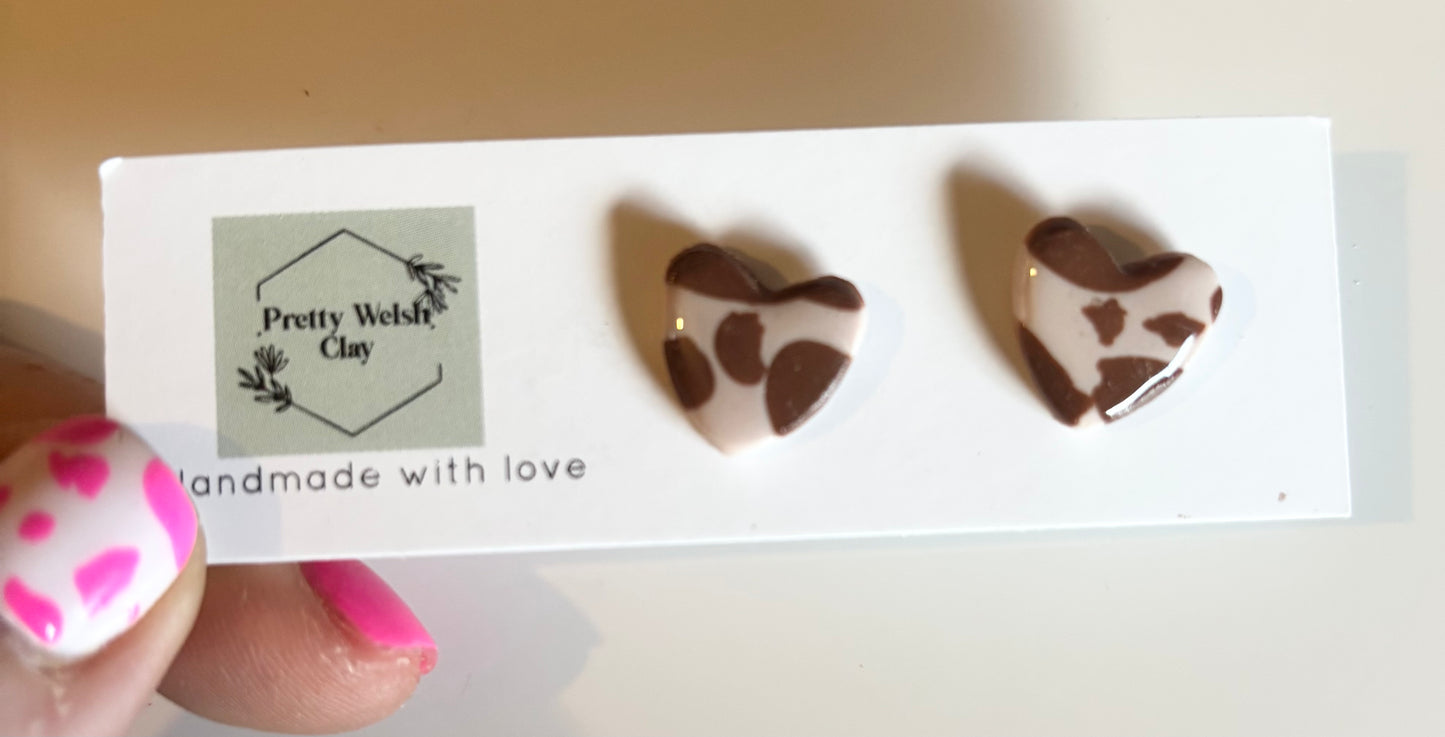Cowprint heart studs
