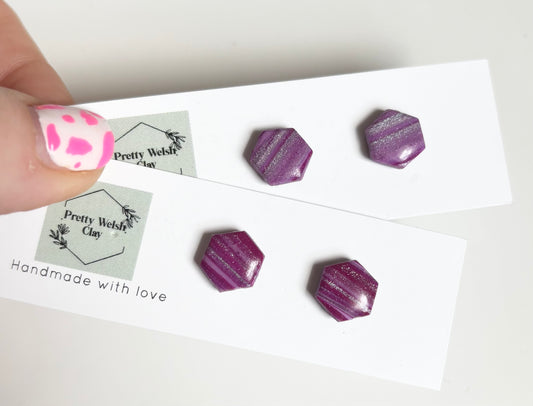 Cosmic plum hexagon studs