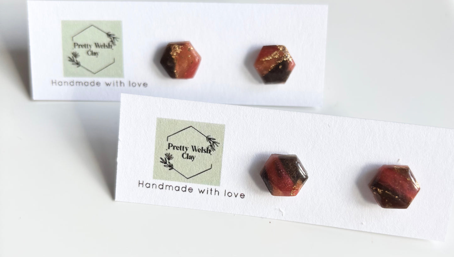 Autumn marble hexagon studs
