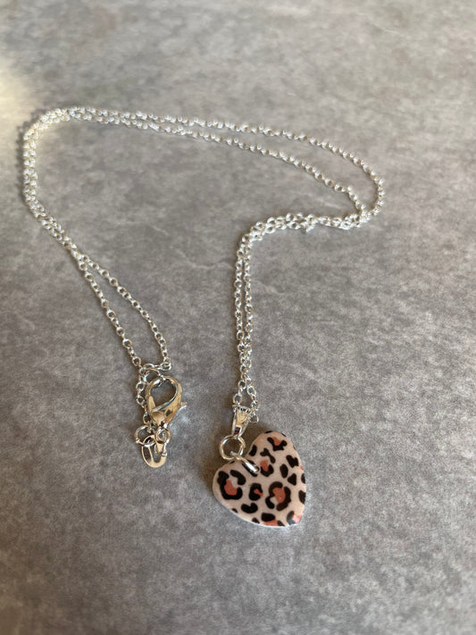 Brown leopard print heart necklace