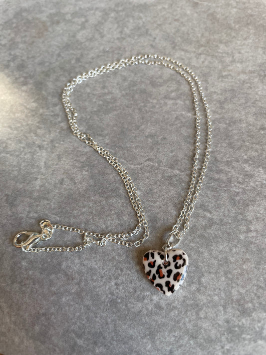White leopard print heart necklace